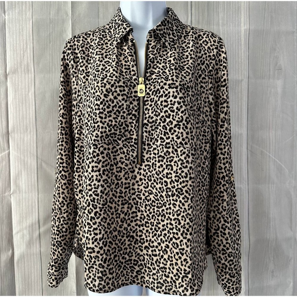 Michael Kors Womens Long Sleeve Blouse Front Pockets Zipper neck front Animal Pr